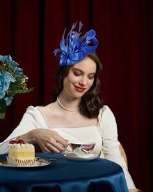 Fascinators de Derby para mujer, sombrero de fiesta de té, sombrero de boda y cóctel con flores, malla y plumas - Y-azul - Ver 3