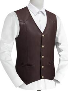 PU Leather Button Vest Men Waistcoat Wedding Fashion Casual Jacket , Fall Winter