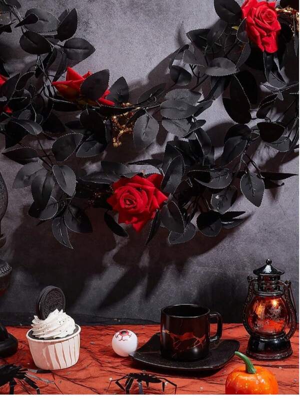 Christmas Decorations 175cm Artificial Black Rose Vine, Red Flower Vine Garland Floral Wall Hanging Ornaments Garland With Golden Berries Black Leaves For Table Centerpiece Room Mirror Christmas Decoration Hanging Rose Flower Garland With Berries For Table Centerpiece,Fireplace Door Frame Backdrop Decor