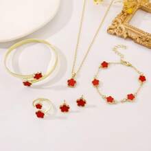 Glow & Grace Sparkling Lucky Flower 5-Leaf Clover Bracelet, Necklace, Earrings, Bracelet, Ring 5pcs Set, Women Jewelry Gift, Vacay Vibes
