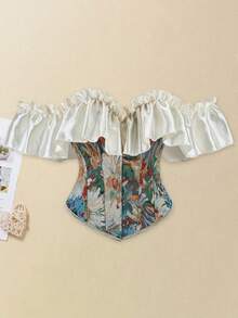 Women Corset Bustier Tops Vintage Jacquard Flower Ruffle Sleeve Body Shaper  Renaissance Shirts - Green - View 3