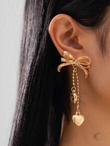 1 对时尚水晶蝴蝶结流苏金属链心形吊坠耳环，时尚设计，适合女性日常、派对和节日佩戴 - 查看 2
