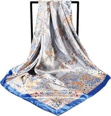 35 Inches Silk Head Scarf-Satin Hair Scarves Silk Bandana Scarf Headscarf For Women's Fashion Scarveshalloween - 大花腰果-藍色 - 查看 8