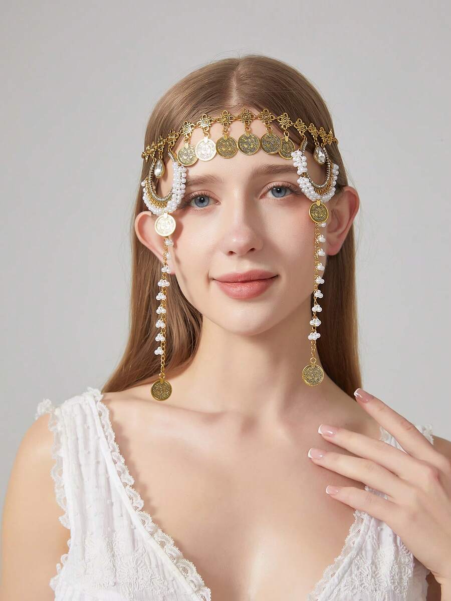 1 件波西米亚复洛克风格多层珍珠头链，新月硬币流苏水晶水钻吊坠头饰，时尚新娘发饰