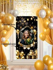 1pc Customized Photo & Name Polyester Banner - Black Gold Balloon & Gift Box Design, Birthday Party Decor, Indoor/Outdoor Use, Personalized Entrance Door Garden Background, Celebration Background Festival Party Banner, Easy Installation Decor, Party Supplies - Halloween, Christmas, Easter, Father's Day, Mother's Day, Thanksgiving, Wedding, Valentine's Day Holiday Gift - Multicolor - View 2