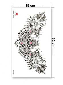 1 张大尺寸胸部和腰部人体艺术临时纹身贴纸，男女皆宜，老式复古风格粉色宝石花朵珠宝图案，防水假纹身，持续 2-5 天，遮盖疤痕，可用于手臂手腕肩腿腰颈手胸部大腿手指脚踝，适用于派对、礼物、度假、身体装饰 - 黑色 - 查看 5