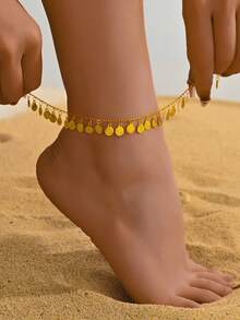 1pc 18K Gold Plated Minimalist Tassel Or Bell Pendant Anklet, Suitable For Women And Girls Everyday Wear - Coin Pendant - View 2