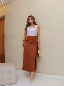 Frenchy Women's Casual Solid Color Drawstring Wrap Skirt Spring/Summer/M5509 - Marrón - Ver 3