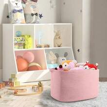 Extra Large Pink Storage Basket, 23.6" X 17" X 12" Rectangle Blanket Basket Living Room, Woven Cotton Rope Basket, Toy Basket Bins, Pink Baskets For Decor, Wicker Baby Laundry Basket - 淺粉色 - 查看 7