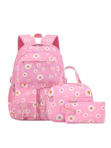 Set 3 buc. rucsac imprimat cu cutie de prânz și penar, design cu compartimente multiple, închidere cu fermoar, căptușeală din poliester, curea de umăr reglabilă, buzunar lateral pentru sticlă de apă, potrivit pentru utilizare zilnică, exterior, călătorii, rucsac din poliester impermeabil și durabil, cadou pentru întoarcerea la școală