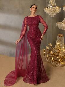 Elisanya Haute Glamour Gorgeou Sheer Sleeves Draped Side Mermaid Hem Beaded Formal Dresses & Evening Gowns - Burgundy - View 6