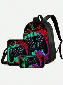 3 Pieces Set Backpack For Boys Girls, Kids Game Controller Patterned Backpack For Teens Elementary Middle High School Students, Large Capacity School Bags With Shoulder Bags And Pencil Case For Back To School Gift