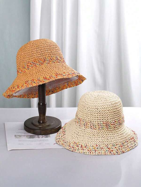 1 Peça Chapéu de Palha Colorido: Um chapéu de pescador de praia, chapéu de palha trançado, um chapéu de sol de praia e chapéu de sombra para mulheres durante viagens.
