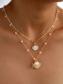 2 件简约优雅海星与贝壳仿珍珠金色项链套装，适合夏季海滩度假、派对和日常佩戴，适合女士