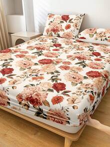 1件花卉图案床垫套，柔软舒适，夏日玫瑰设计，亲肤材质，四季皆宜，防尘防滑，适用于单人床/双人床/大号床/特大号床，可机洗（不含枕套），节日礼物，秋季装饰，卧室装饰 - 彩色 - 查看 1