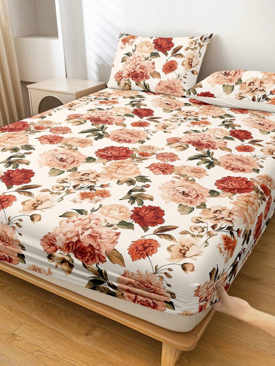 1件花卉图案床垫套，柔软舒适，夏日玫瑰设计，亲肤材质，四季皆宜，防尘防滑，适用于单人床/双人床/大号床/特大号床，可机洗（不含枕套），节日礼物，秋季装饰，卧室装饰 - 彩色 - 查看 1