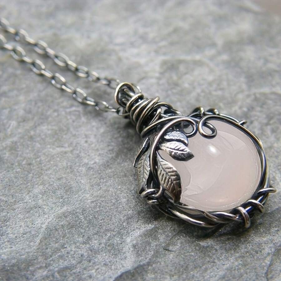 波西米亚复古叶纹镶嵌月光石时尚女士吊坠项链，个性化珠宝，适合女性、派对、节日、周年纪念的礼物 - 銀色 - 查看 1