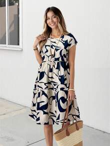 Vestido casual para mujer, cuello redondo, manga corta, estampado geométrico - Multicolor - Ver 5