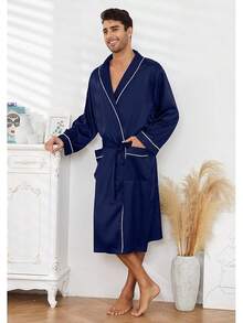 Men's Satin Robe Lightweight,Men's Luxurious Silk Kimono Bathrobe - Navy - View 3