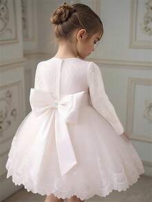 蕾丝长袖蝴蝶结网纱优雅花童公主裙，适合学校、钢琴演奏会、正式场合，不含头饰 - 白色 - 查看 1