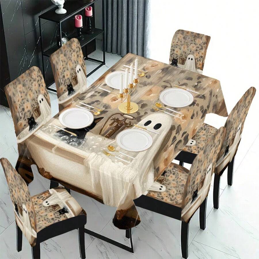 1/4/5/6/7/36 Piezas Fundas para sillas impresas con fantasmas de Halloween, adecuadas para decoración interior de hogares, restaurantes, hoteles, fiestas, bodas, comedores y cocinas. Fundas elásticas que se pueden lavar.