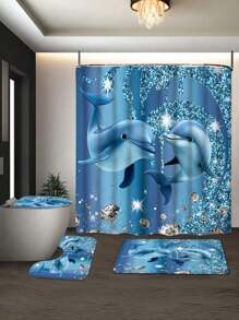 1/4 Stücke Set mit niedlichem Cartoon Delfin Strass-Sprühfarbe Meereskreatur moderne Kunst Dekoration, enthält 12 Haken wasserdichter Duschvorhang, rutschfeste Badematte, U-förmiger Toilettendeckel, Heim Dekoration Geschenk Schulanfang