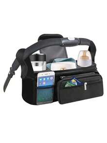 1pc Black Baby Stroller Hanging Storage Bag, Multi-Functional Diaper Caddy With Cup Holder, Detachable Phone Pouch And Shoulder Strap, Portable Design