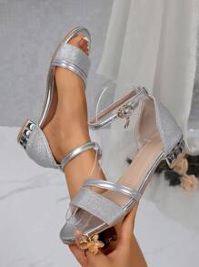 1 Pair Girls/Teens Solid Color Glitter Strap Buckle Round Toe 5cm Chunky Heel Sandals, Fashion Casual Cute Comfortable Luxury Heeled Shoes For Party, School, Beach, Spring/Summer