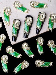 10件/包 祖母绿水钻金色合金站立人物宗教风格美甲装饰配件，奢华时尚的DIY美甲配件，无香型可组合3D美甲产品，美甲饰品宝石，水钻和装饰品。