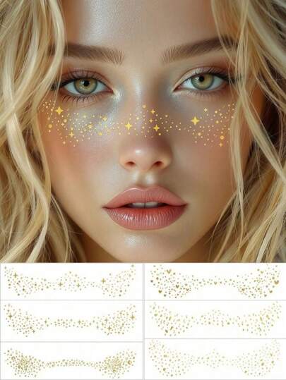 6 Sheets Glitter Freckles Face Tattoo With Heart Lip Mark Star Waterproof Temporary Sparkle Freckles Gold Tattoos Stickers For Summer Travel Party Musical Festival Date Prom Valentine Day