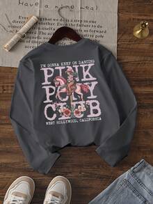 1 chiếc áo thun tay dài cổ tròn in hình ngựa cưỡi thường ngày cho bé gái, áo thun mùa thu cho học sinh trẻ em - Chiếc áo thun bắt mắt này chắc chắn sẽ khiến trẻ em mỉm cười - Màu xám đen - Xem 2