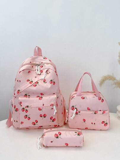Set de 3 piezas de moda con estampado de fresa en estilo preppy, incluye mochila, bolsa de almuerzo y estuche de lápices, con compartimento para portátil, correas ajustables, múltiples bolsillos y gran capacidad para uso diario, vacaciones, viajes y regreso a la escuela, ideal para niñas, adolescentes, estudiantes universitarios y graduados