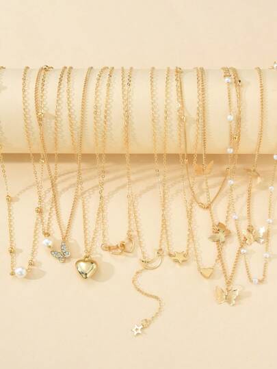 10pcs Fashionable, Elegant, Minimalist Butterfly, Heart, Star, Moon Y2K Style Pendant Necklace Set, Unisex, Suitable For Vacation, Party, Dating, Gift, Everyday Wear, Holiday Gift