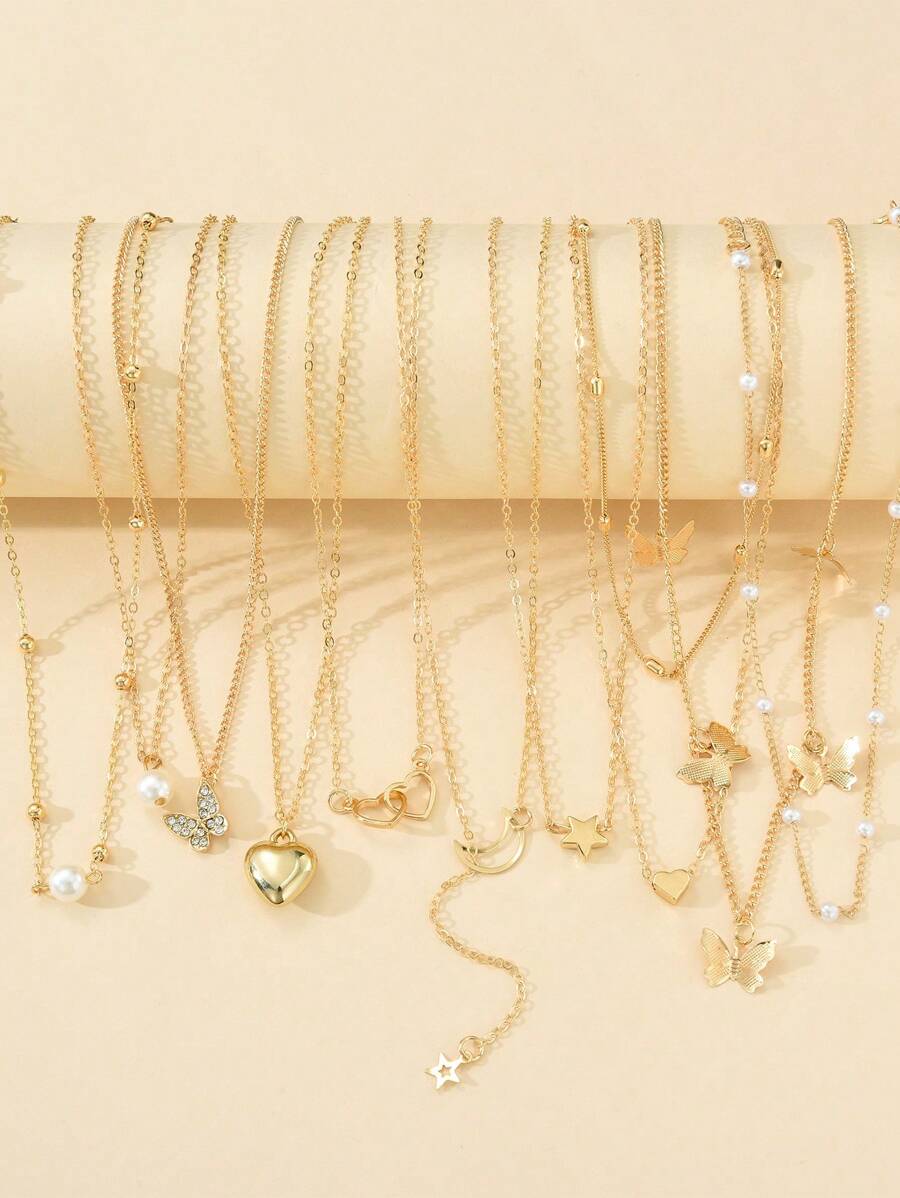 10pcs Fashionable, Elegant, Minimalist Butterfly, Heart, Star, Moon Y2K Style Pendant Necklace Set, Unisex, Suitable For Vacation, Party, Dating, Gift, Everyday Wear, Holiday Gift