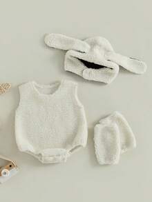 Baby Boy Girl Sheep Costumes Fleece Sleeveless Romper Ears Hat Leg Warmers Halloween Animal Cosplay Clothes - 白色 - 查看 3
