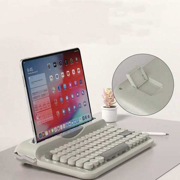 LexonTech Teclado inalámbrico Ajazz AF84 tipo máquina de escribir, conexión dual Bluetooth/2.4G, diseño vintage y estético, con soporte integrado para tableta, teléfono, PC y Windows/Android