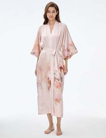 Women's Long Satin Silky Kimono Robe - Japanese Bathrobe Nightgown Loungewear Blouse - 玫瑰香檳 - 查看 3