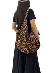 大容量豹纹单肩包，女士斜挎包，休闲多用途手提包，拉链开合，面料柔软，轻便可折叠，适合工作、学习、旅行 - 巧克力棕 - 查看 2