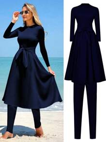 Set di costume da bagno in due pezzi di donna, colore unito, maglia elasticizzata, con top a maniche lunghe e pantaloni lunghi, adatto per vacanza in spiaggia