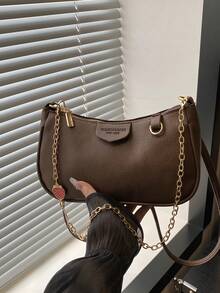 2025新款时尚经典M字母印花PU防水面料单肩包，配金属链条装饰。适合购物、日常使用，学生、年轻女性、上班族女性皆宜。完美适用于办公室、大学、工作、商务、通勤、户外活动、旅行和野餐。 - 咖啡棕 - 查看 2