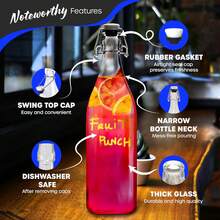 33 Oz / 1 Liter Flip Top Glass Bottle 6 Pack | Round Swing Top Glass Bottles With Lids, Shrink Wrap, Paper Tags + Strings, Funnel, Brush & Marker | For Use As Large Kombucha Jar & Kefir Jar