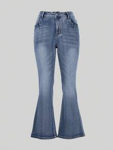 Mid Waist Stretch Blue Flared Jeans - Fashionable And Versatile For Women - Blue - View 5