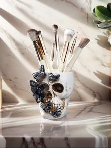 1pc Gothic Retro Butterfly Skull Shaped Decorative Storage Pen Holder, Antique Style Resin Butterfly Skull Decor, Desktop Organizer, Home Decor For Halloween, Suitable For Bookshelf, Vanity, All Season Halloween Decor Fall Decor Room Decor - Multicolor - View 6