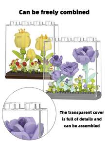 9种类型，1-4英寸创意花朵积木玩具，DIY花朵模型，DIY工艺花束，透明亚克力盒，ABS塑料，花朵积木套装，浪漫风格，形状包括康乃馨、玫瑰、郁金香、风信子、牡丹、向日葵、山茶花、栀子花，可堆叠积木玩具，玩具，礼物，