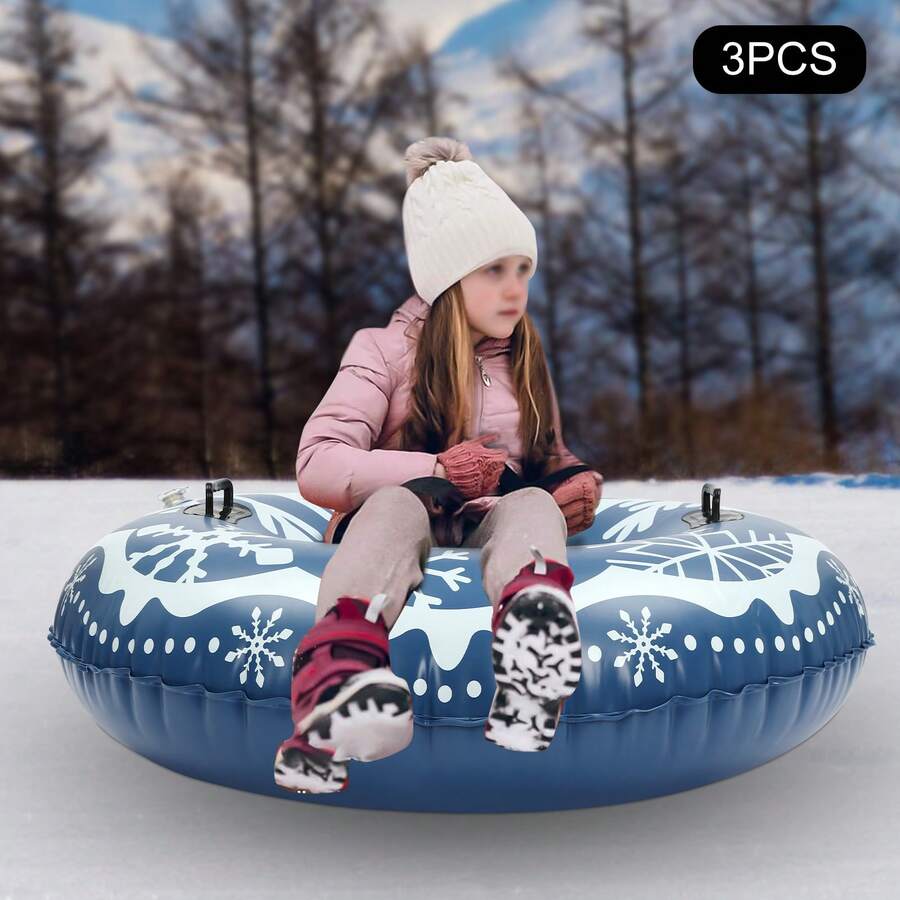 3PCs Snow Tubes For Sledding Heavy Duty, Portable Snow Sleds For Kids And Adult, 40 Inches PVC Ski Circle, Inflatable Snow Sled - Blue and White - View 1