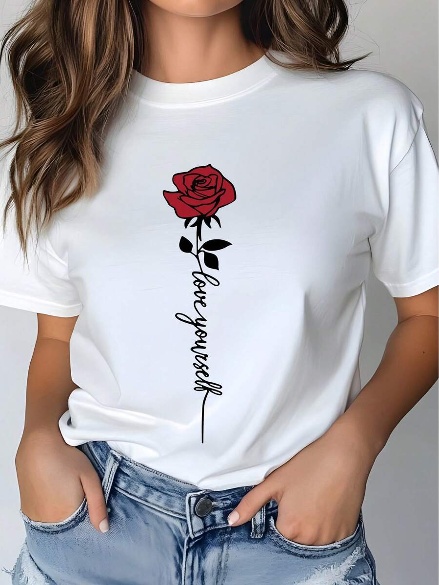 1 Women's Casual Short Sleeve T-Shirt With Red Rose Print, 100% Thick Cotton - Comfortable Round Neck, Soft And Pretty T-Shirt, 180g 100% Cotton. - 白色 - 查看 1