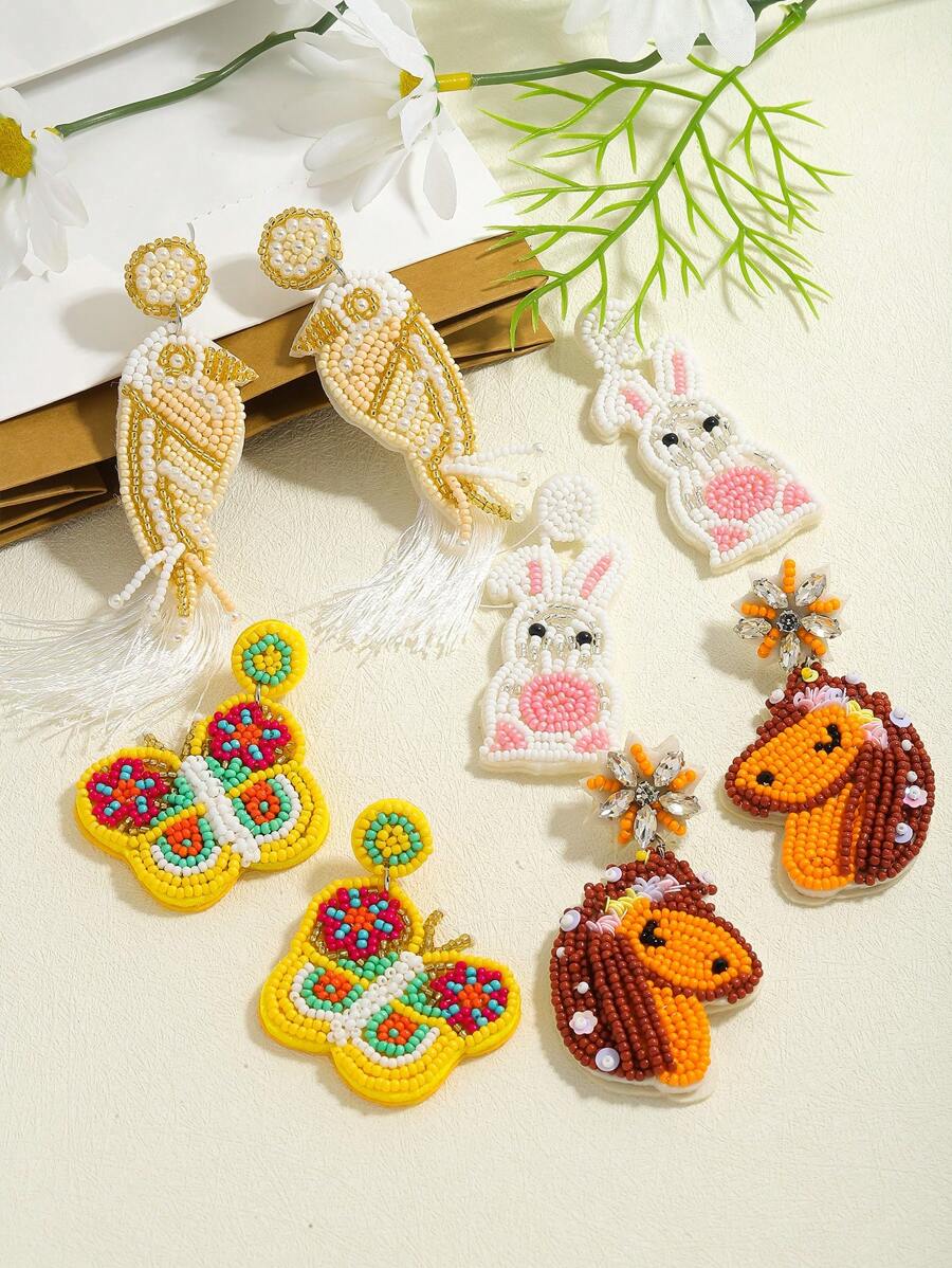 2pcs Colorful Handmade Beaded Animal Earrings, Bohemian Style Cartoon Handcrafted Parrot, Rabbit, Horse, Butterfly Pendant Earrings, Suitable For Women, Animal Lovers, Party Outfit
