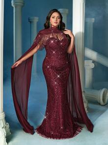 LUVISTRUE Plus Size Sequin Embellished Stand Collar Formal Dress Gown, Suitable For Formal Dinner (Highly Decorative) Wedding Spring - Burgundy - View 7