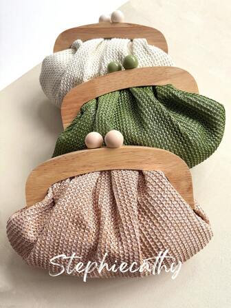 STEPHIECATHY 女式新款时尚女士甜美褶皱手提夏季休闲风格草编手工编织手拿包木框磁扣锁沙滩手提包长链斜挎包优雅便携约会旅行度假 2025 时尚