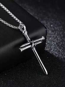 不锈钢扭曲十字架吊坠项链，时尚简约设计，男女通用宗教基督教珠宝 - 銀色 - 查看 2